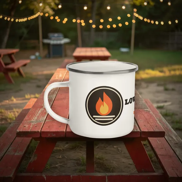 Enamel Camp Mug in a styled photo