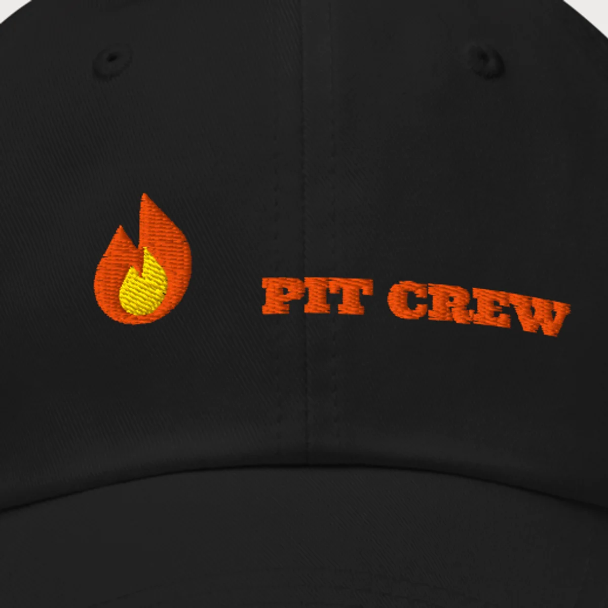 Close up of the Pit Crew Dad Hat design