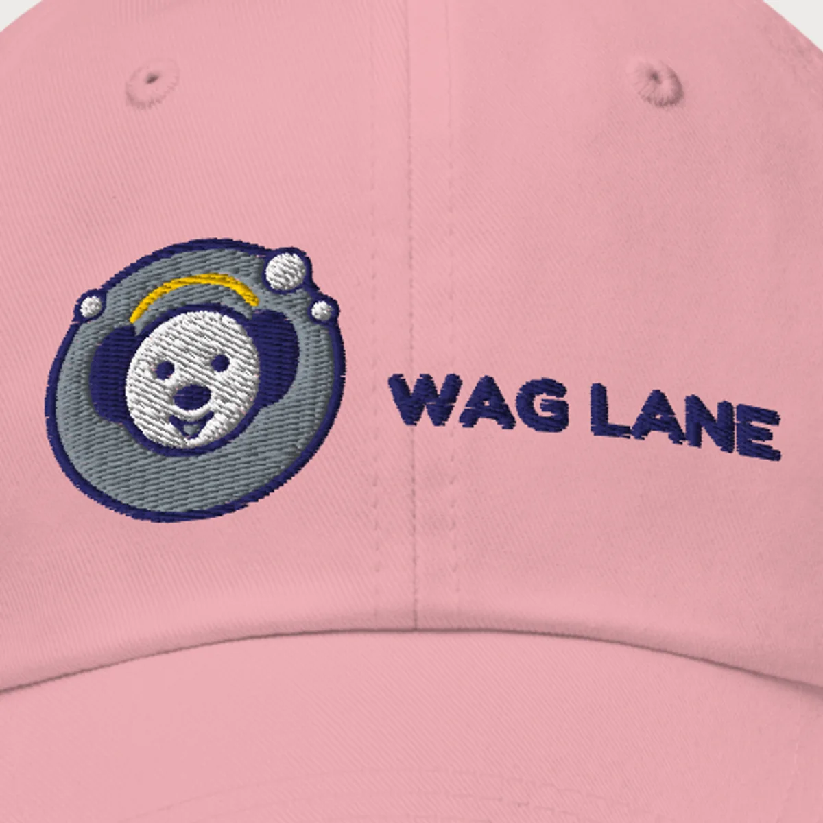 Close up of the Wag Lane Dad Hat design