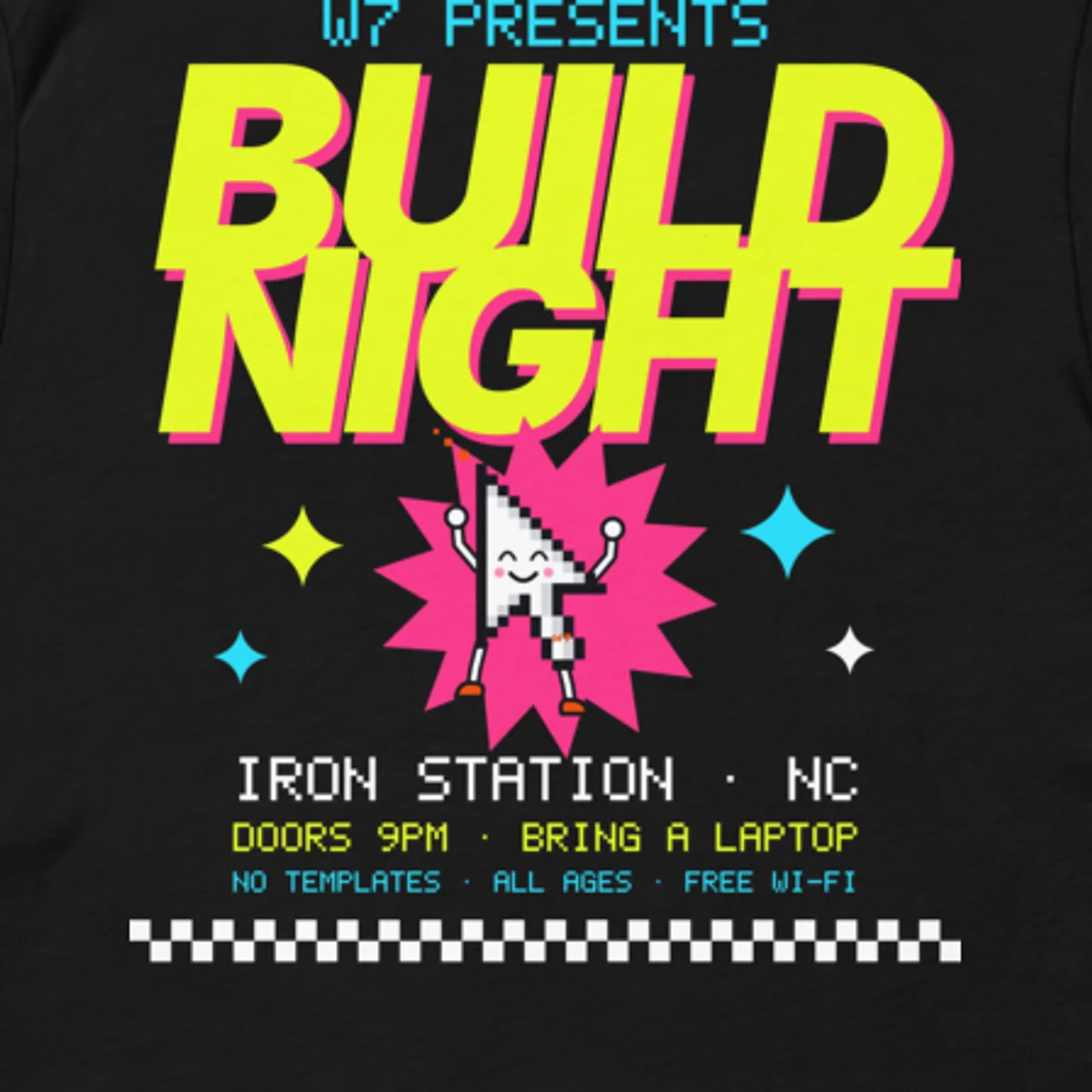 Close up of the Build Night Flyer Tee design