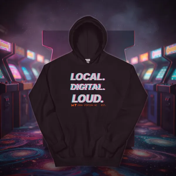 Local. Digital. Loud. Hoodie hoodie in a styled photo