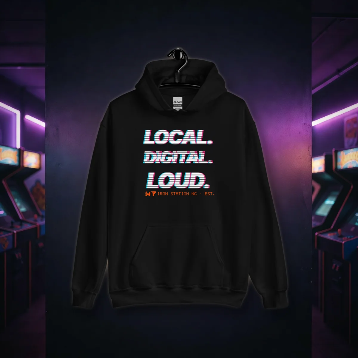 Local. Digital. Loud. Hoodie hoodie in a styled photo