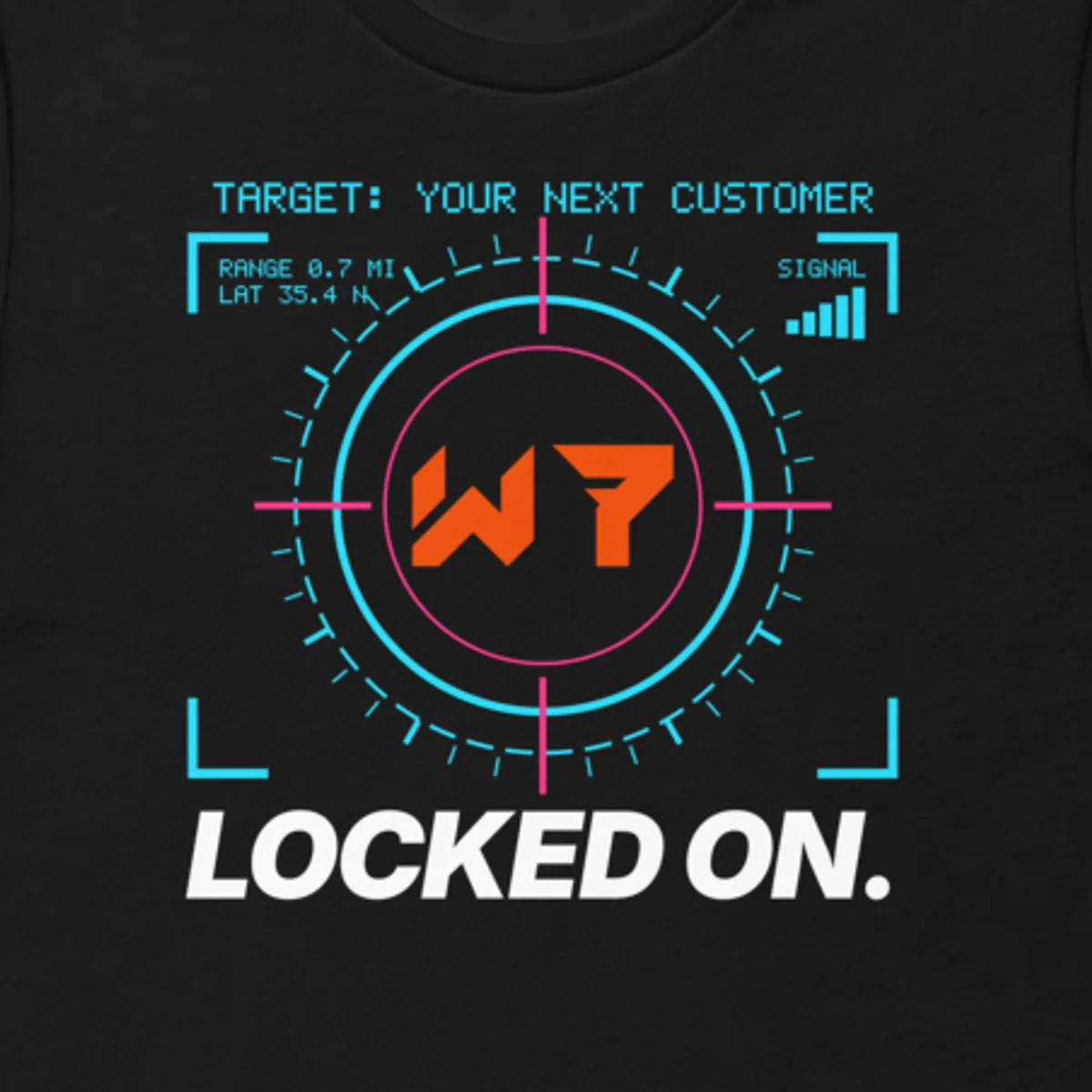Close up of the Locked On Tee design