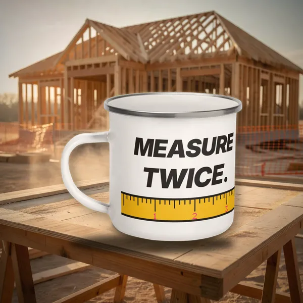 Measure Twice Camp Mug enamel mug in a styled photo