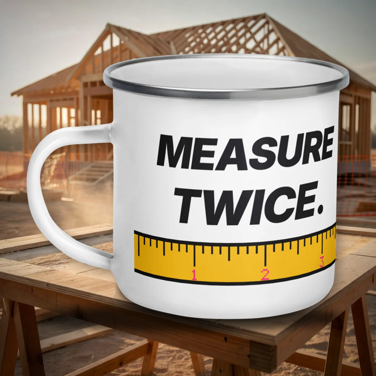 Measure Twice Camp Mug enamel mug in a styled photo