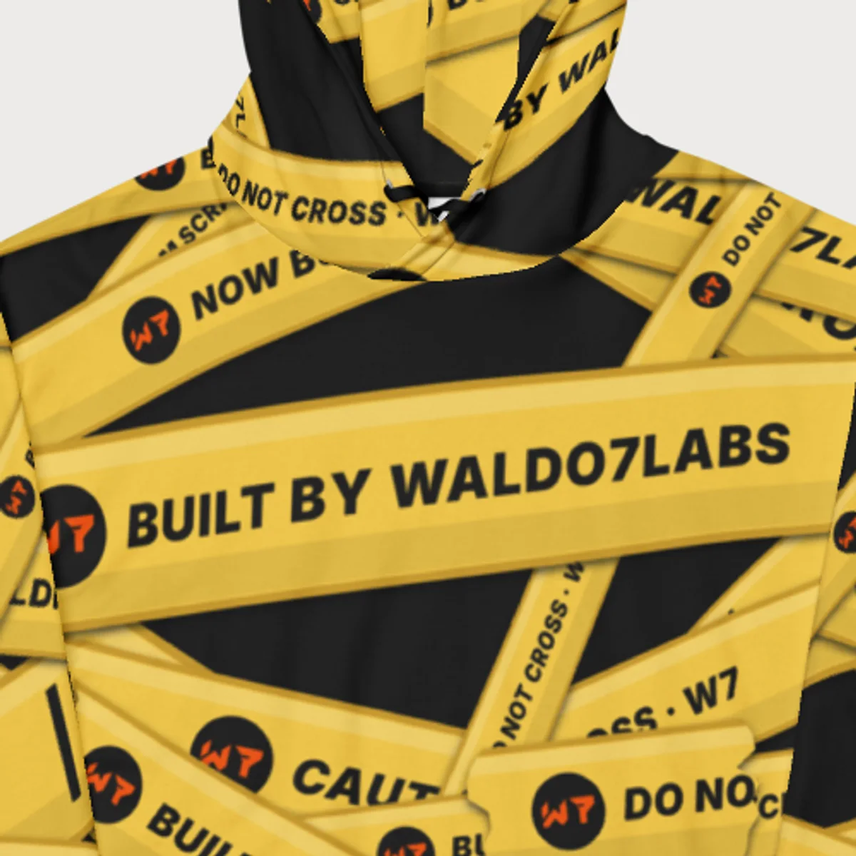 Close up of the Caution Wrap Hoodie design