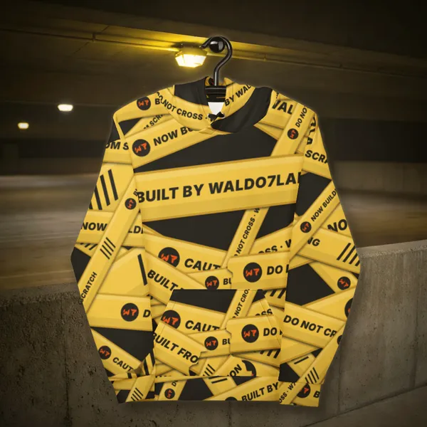 Caution Wrap Hoodie all over print hoodie in a styled photo