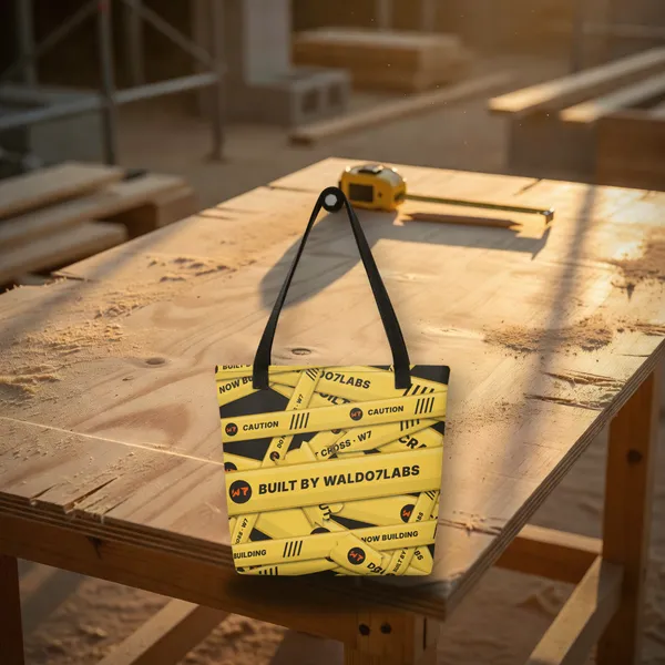 Caution Wrap Tote all over print in a styled photo