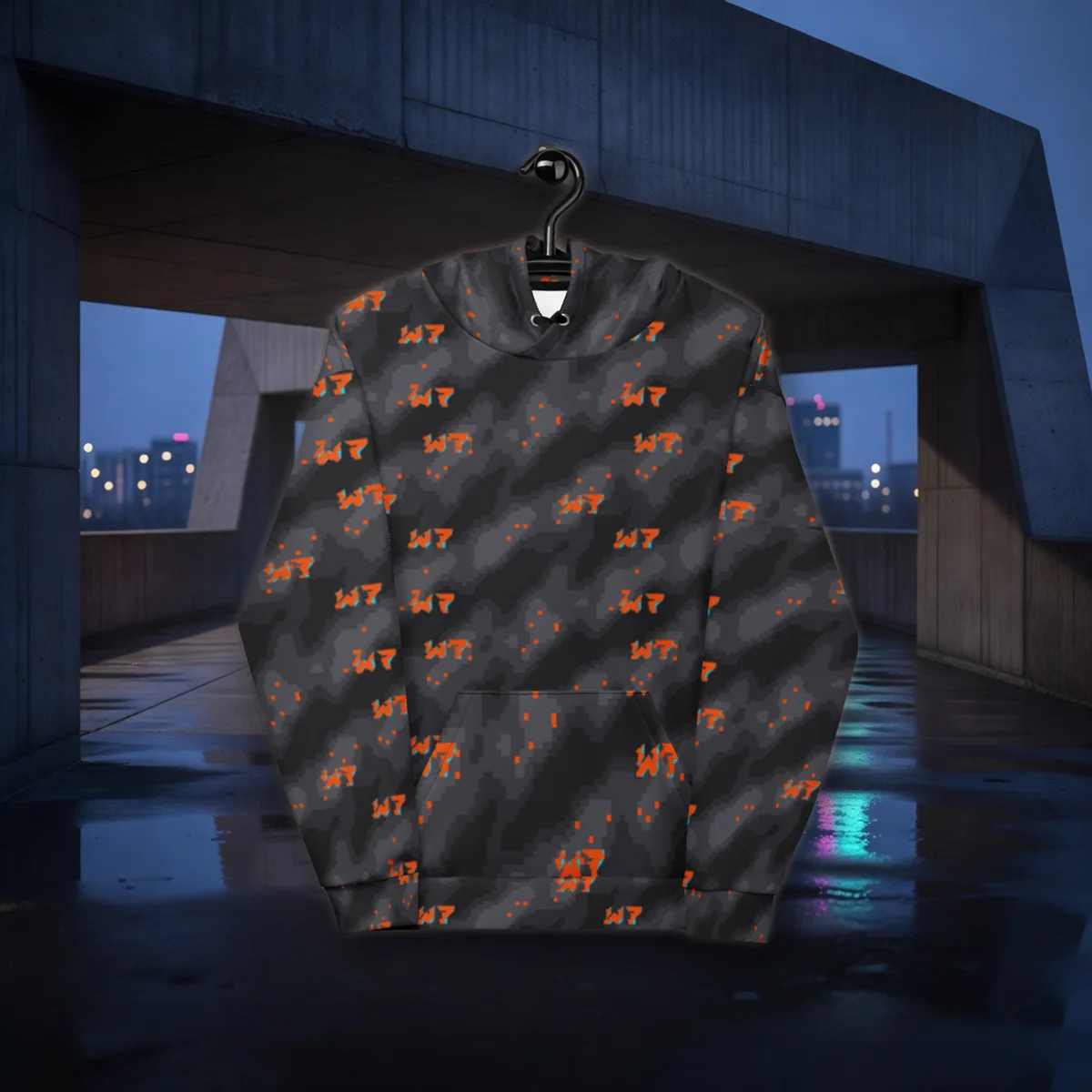 Glitch Camo Hoodie all over print hoodie in a styled photo
