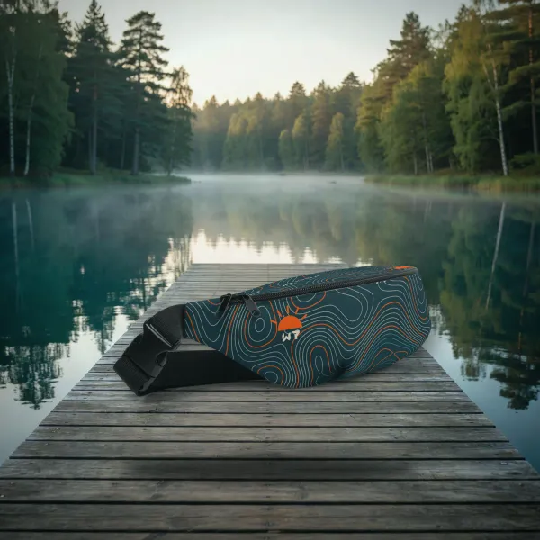 Lake Topo Fanny Pack all over print fanny pack in a styled photo