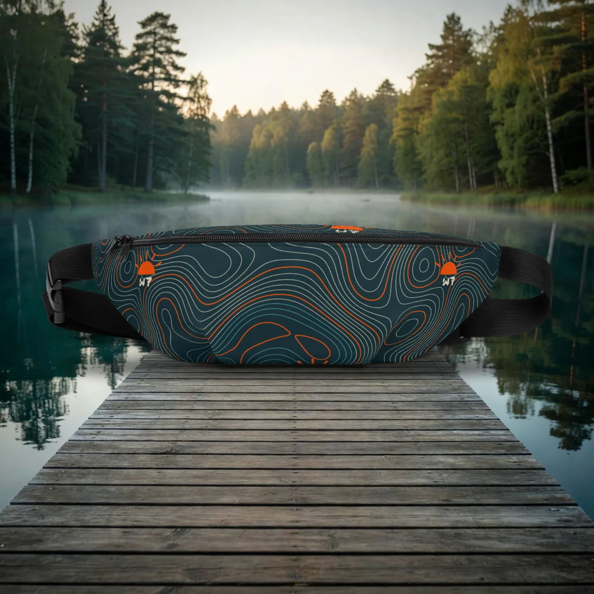 Lake Topo Fanny Pack all over print fanny pack in a styled photo