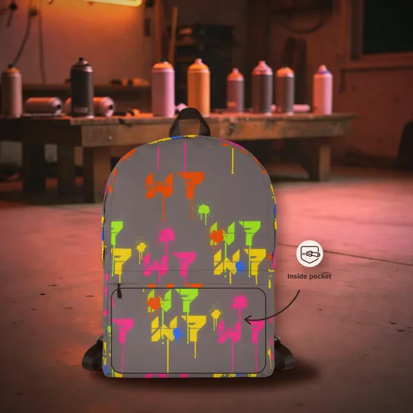 Stencil W7 Backpack all over print backpack in a styled photo