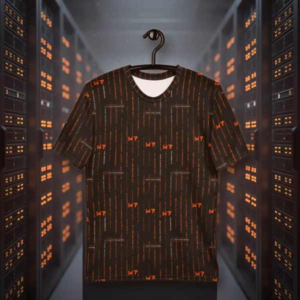 Terminal Code Rain Tee all over print tee in a styled photo