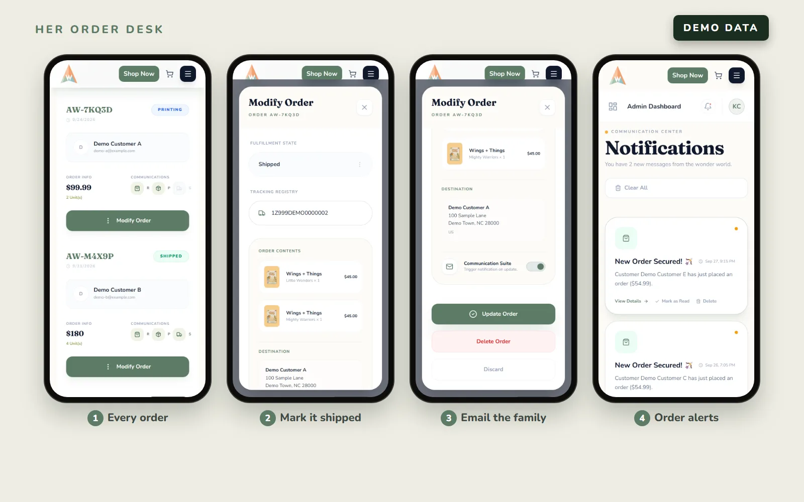 Four phone screens of the owner dashboard with demo data: the order list with Printing and Shipped badges, the Modify Order window set to Shipped with a demo tracking number, the email toggle and Update Order button, and the Notifications screen with two New Order Secured alerts for demo customers.