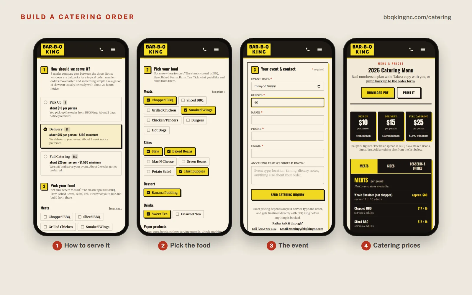 Four phone screens of the catering builder: choosing delivery at about $15 a person, ticking chopped BBQ, wings, slaw, baked beans, hushpuppies, banana pudding and sweet tea, the event details with 40 guests, and the 2026 catering menu prices. Nothing was sent.