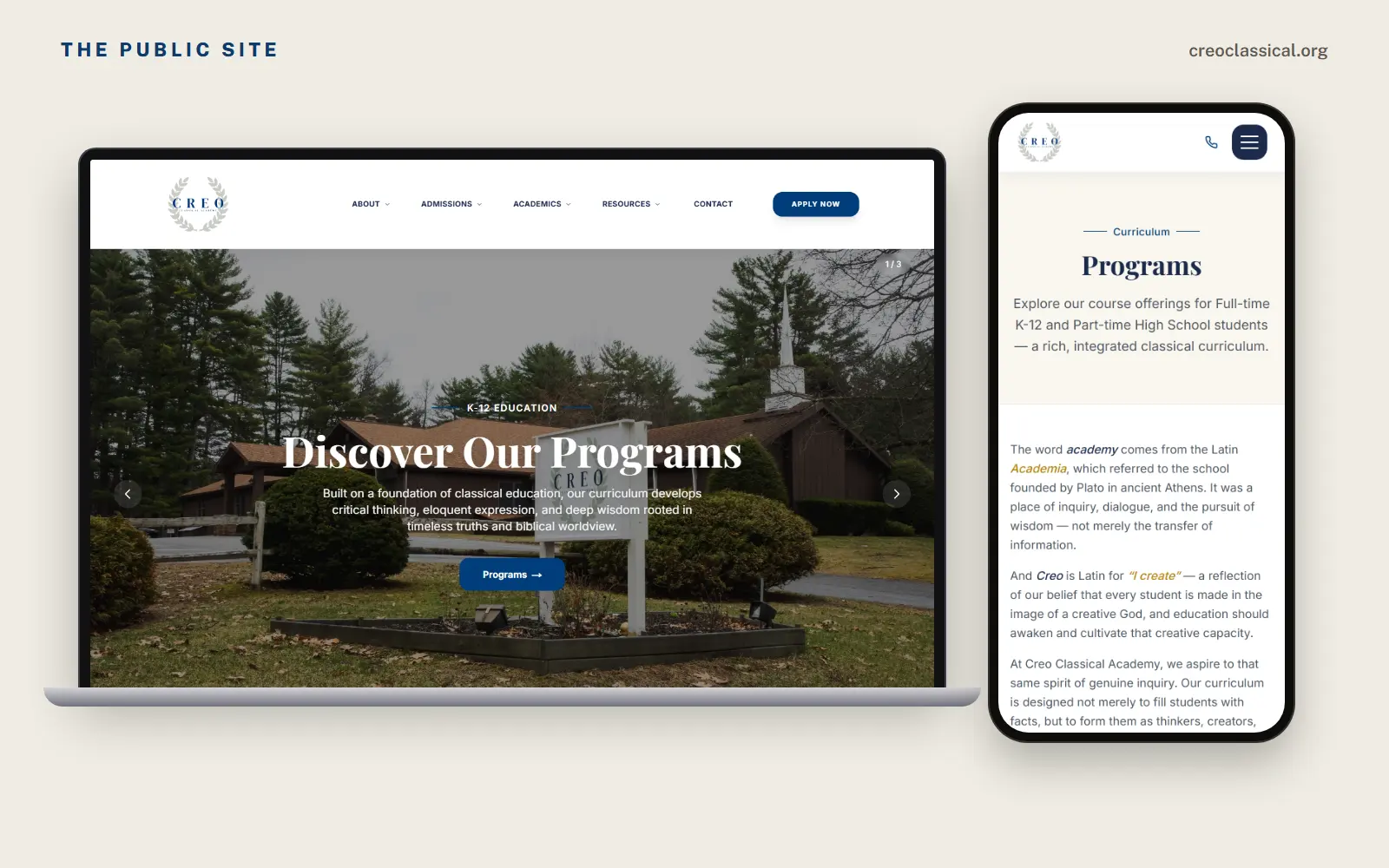 The Creo Classical Academy homepage on a laptop with the Discover Our Programs banner over a photo of the school, and the Programs page on a phone.