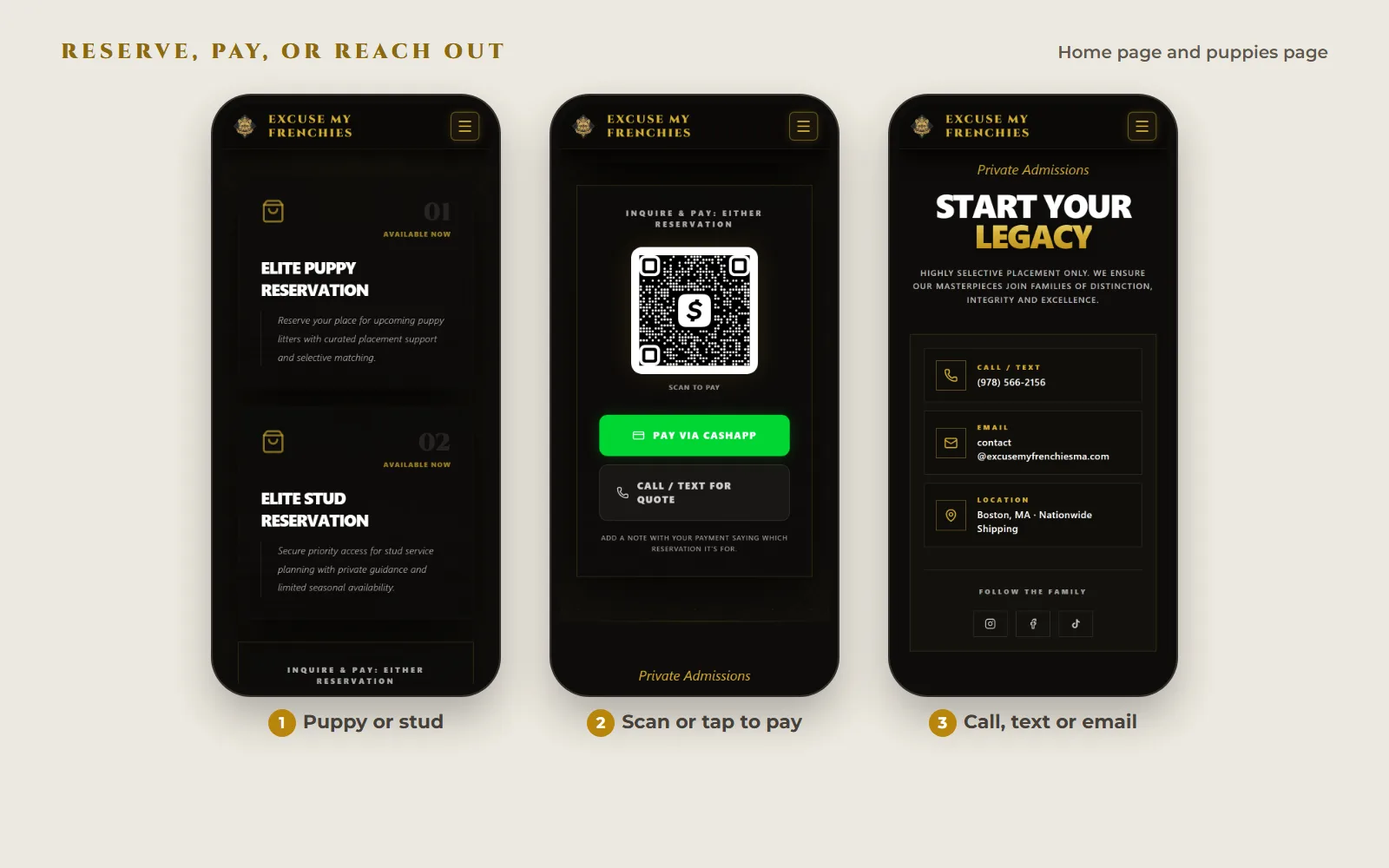 Three phone screens: the Elite Puppy and Elite Stud reservation cards, the payment panel with the Cash App QR code and the Pay via CashApp and Call or Text for Quote buttons, and the contact block with phone, email and a Boston location. Nothing was paid or sent.