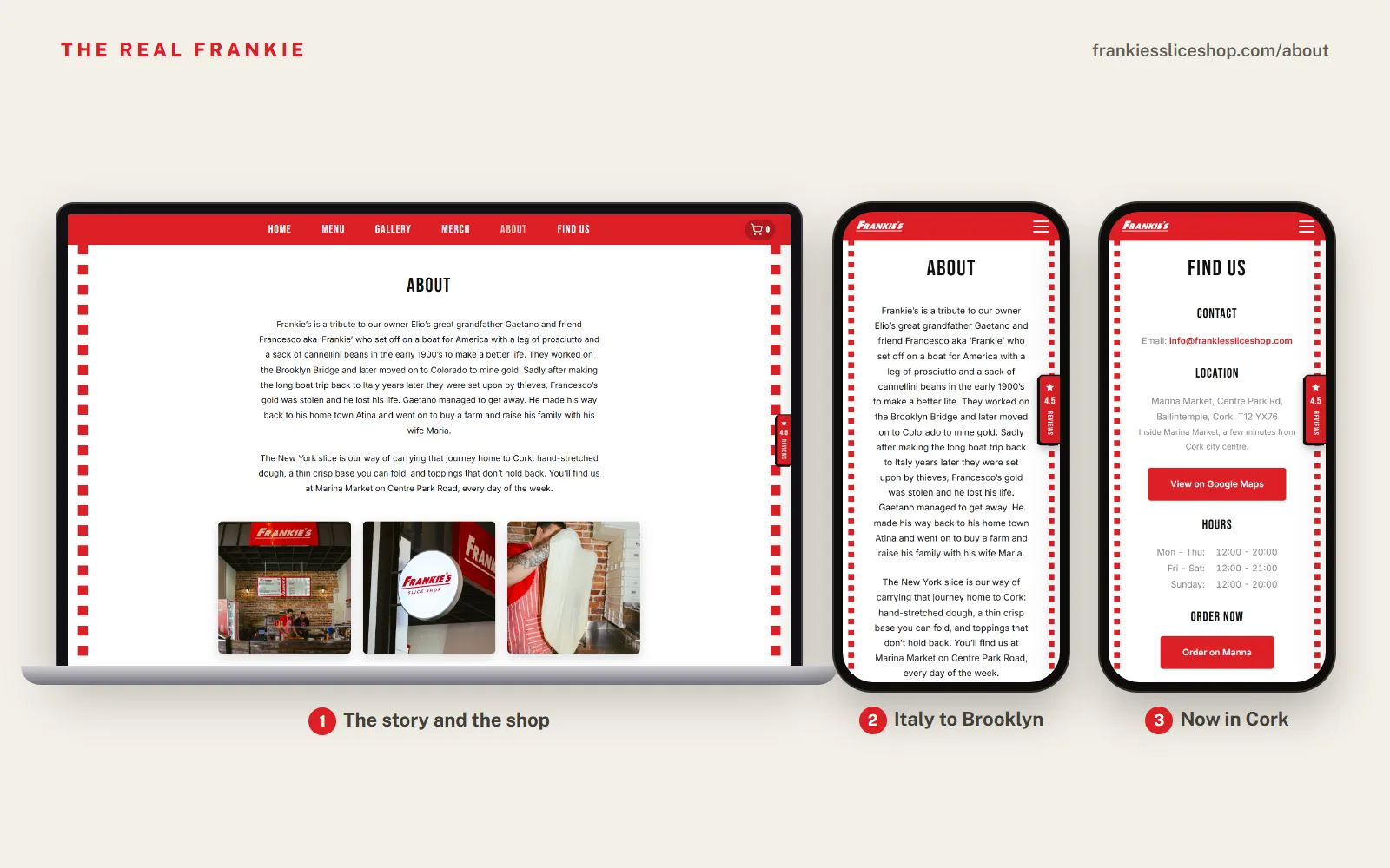 The Frankie's About page on a laptop with photos of the stall, the sign and dough being stretched, the story on a phone, and the Find Us page with the address, hours and Order on Manna button. Live site.