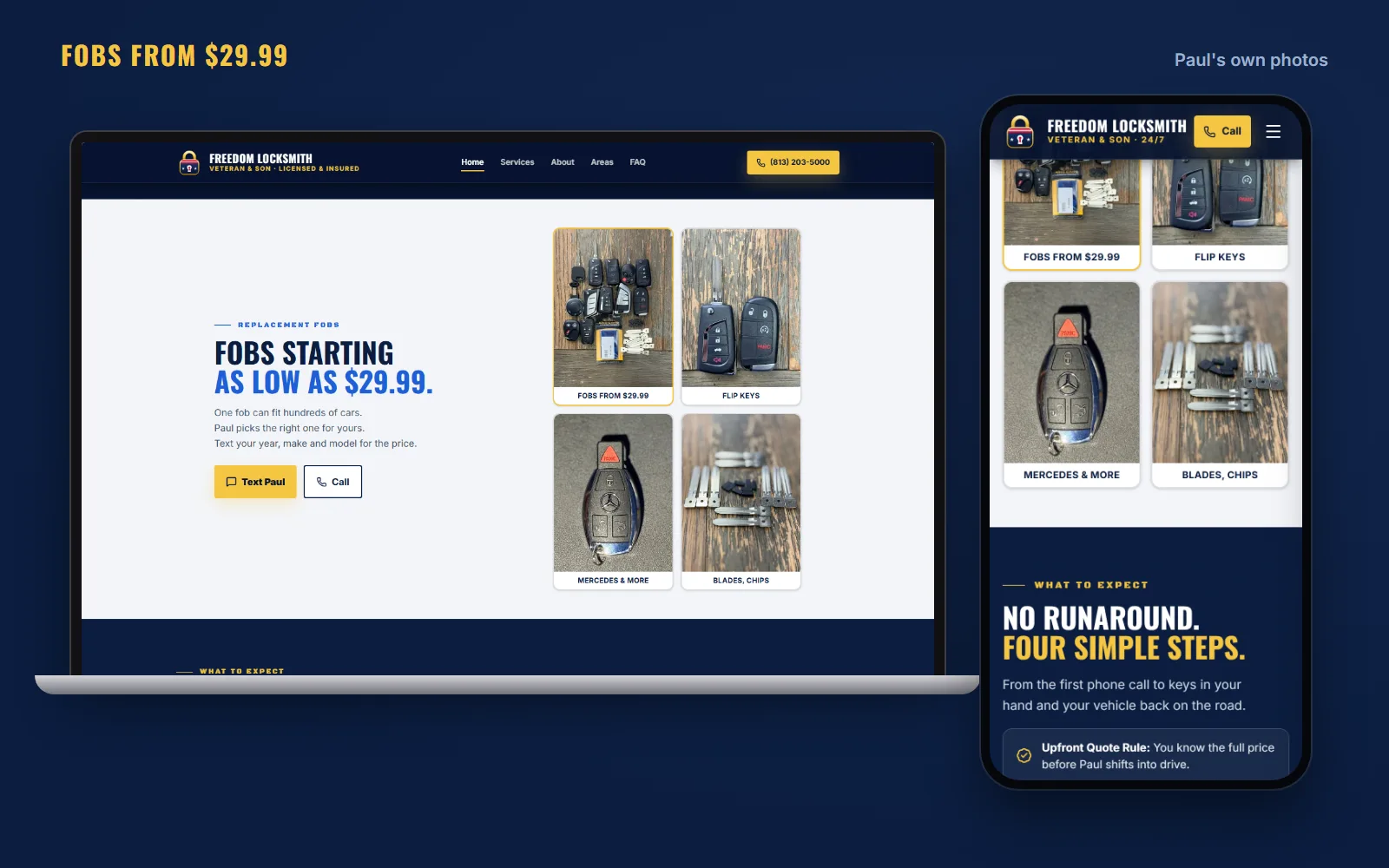 The live fob section on a laptop and a phone: Fobs starting as low as $29.99, with four of Paul's photos labeled Fobs from $29.99, Flip keys, Mercedes and more, and Blades and chips.
