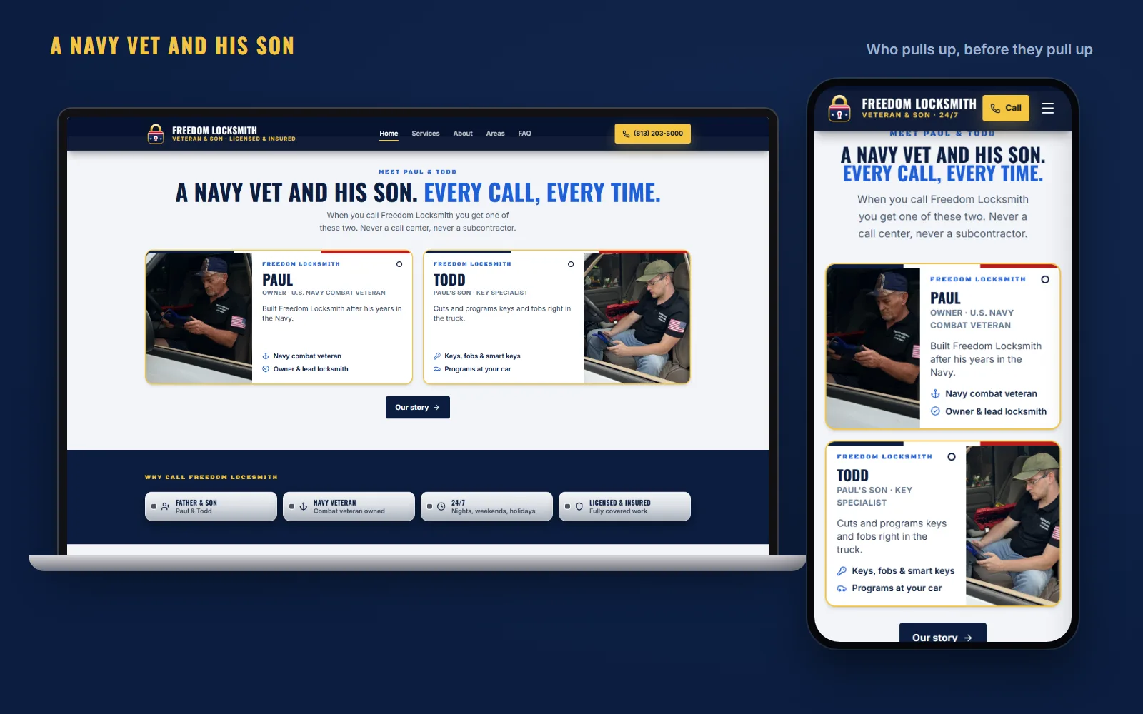 The live Meet Paul and Todd section on a laptop and a phone: A Navy vet and his son, every call, every time, with a card for Paul, owner and U.S. Navy combat veteran, and one for Todd, Paul's son and key specialist.