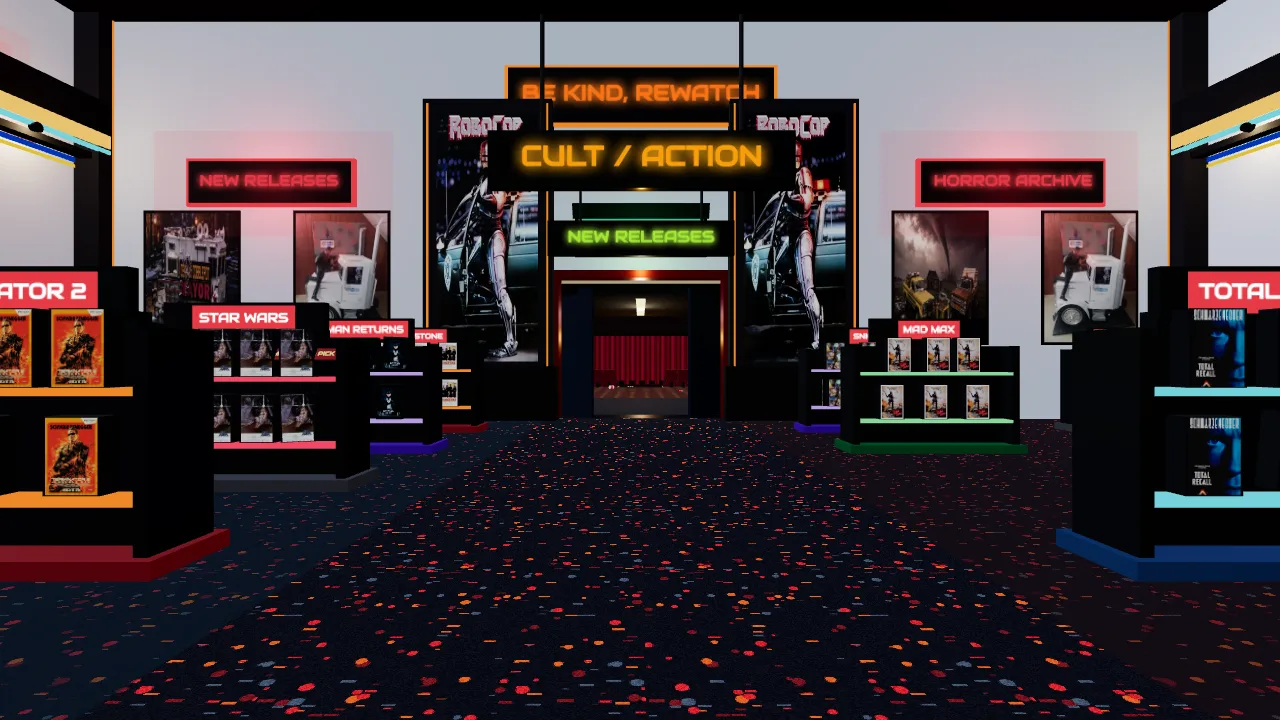 Cult and action section deep in the KollectNoir store: a Be Kind, Rewatch sign, RoboCop standees, Star Wars and Mad Max displays leading toward the theater entrance