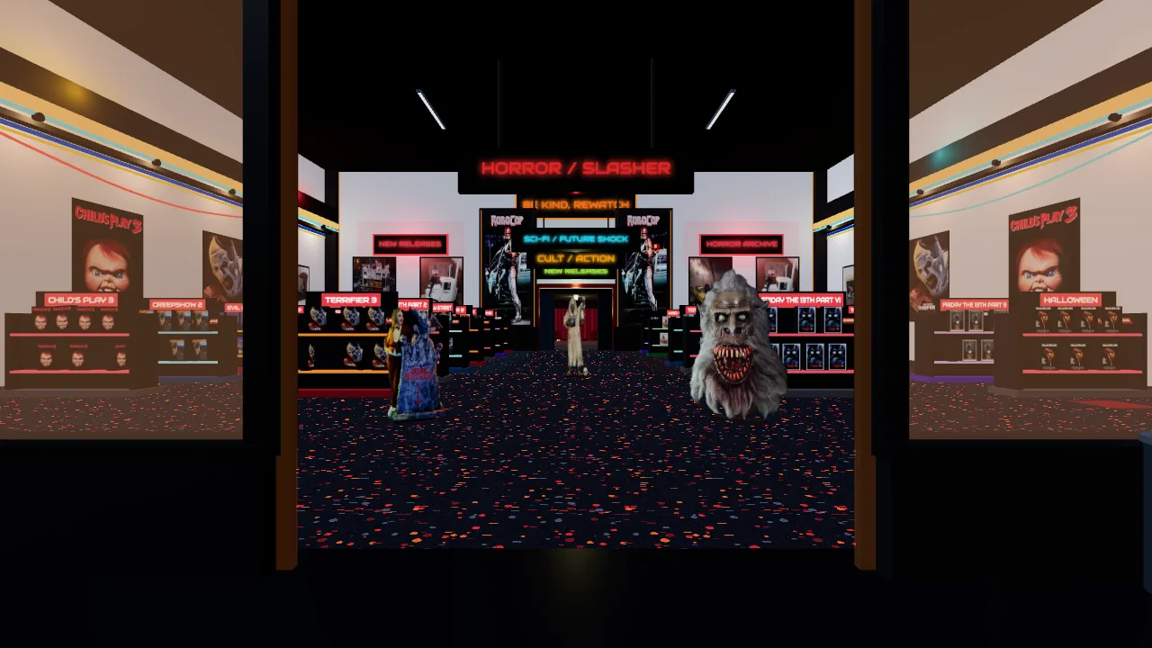 Horror and slasher section inside the KollectNoir 3D store: Child's Play 3, Terrifier 3, Friday the 13th displays with Chucky figure and monster statues flanking the main aisle