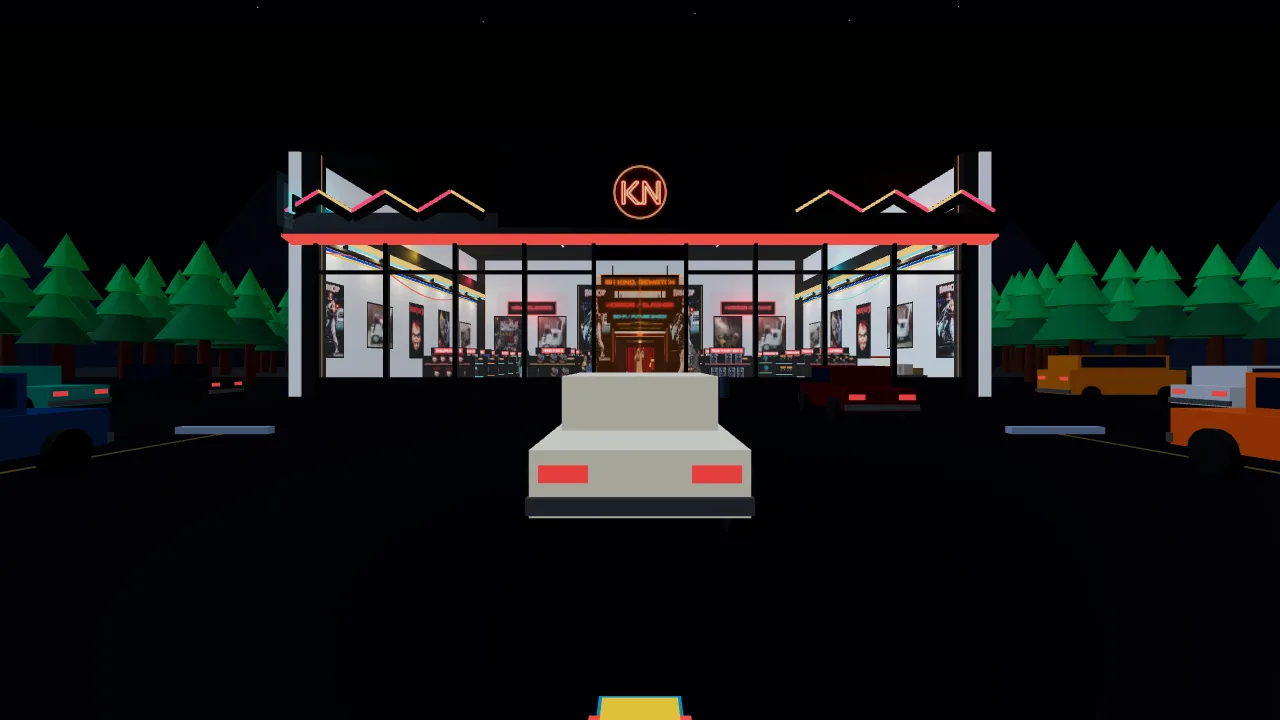 KollectNoir 3D store at night from the parking lot. Neon KN sign glowing over the glass façade, horror posters and product displays visible through the windows