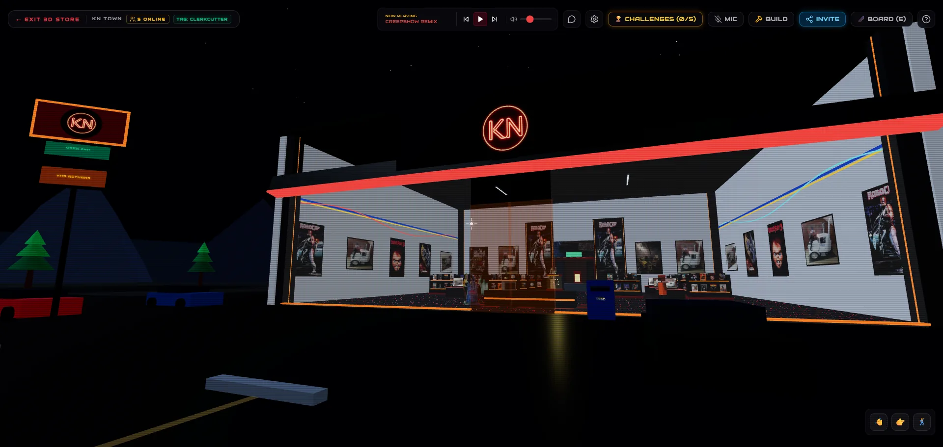 The KollectNoir 3D store at night, neon KN sign over the entrance and a VHS returns sign out front