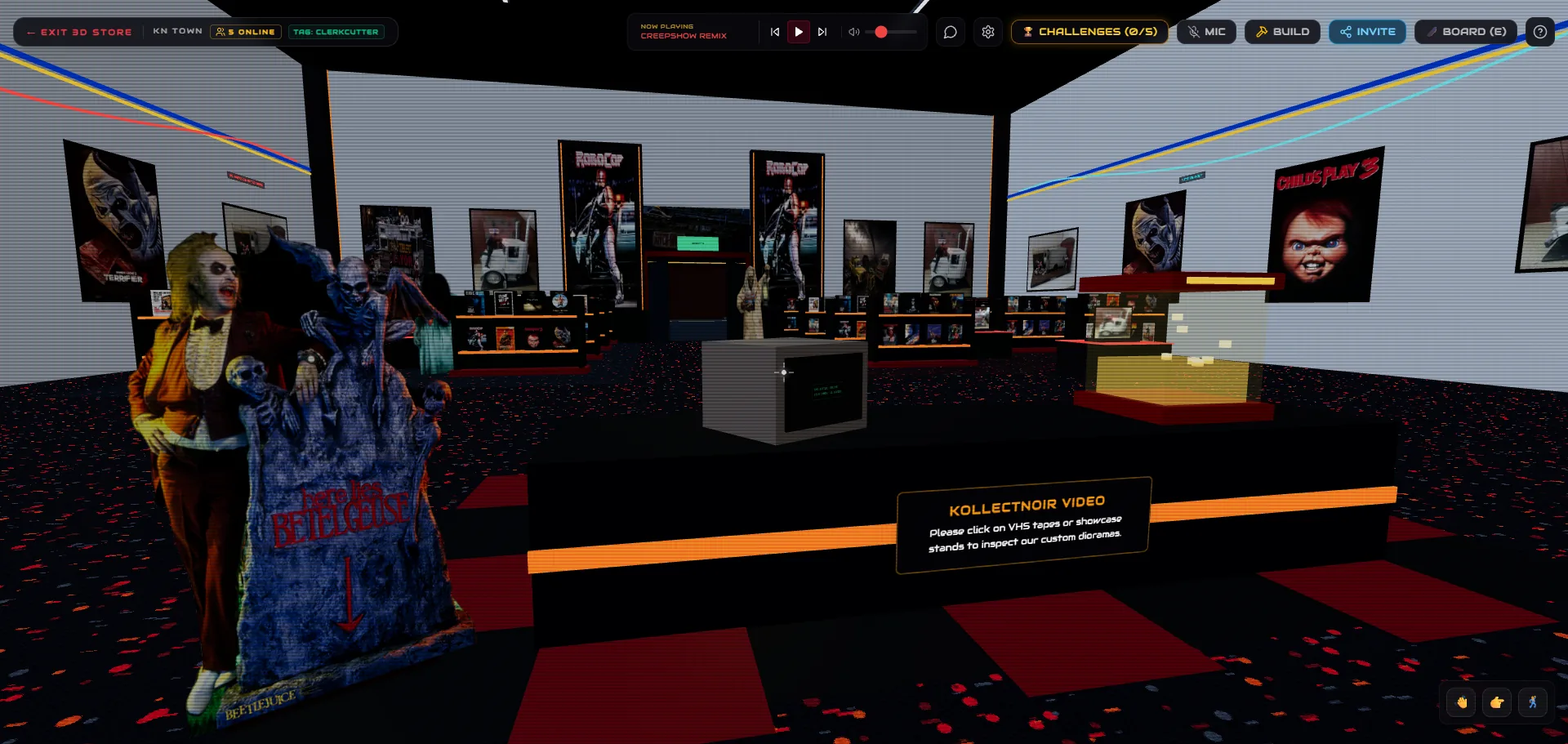Inside the KollectNoir 3D store, horror movie standees and framed posters around the shop floor, with a prompt to click a VHS tape or showcase stand to inspect a diorama