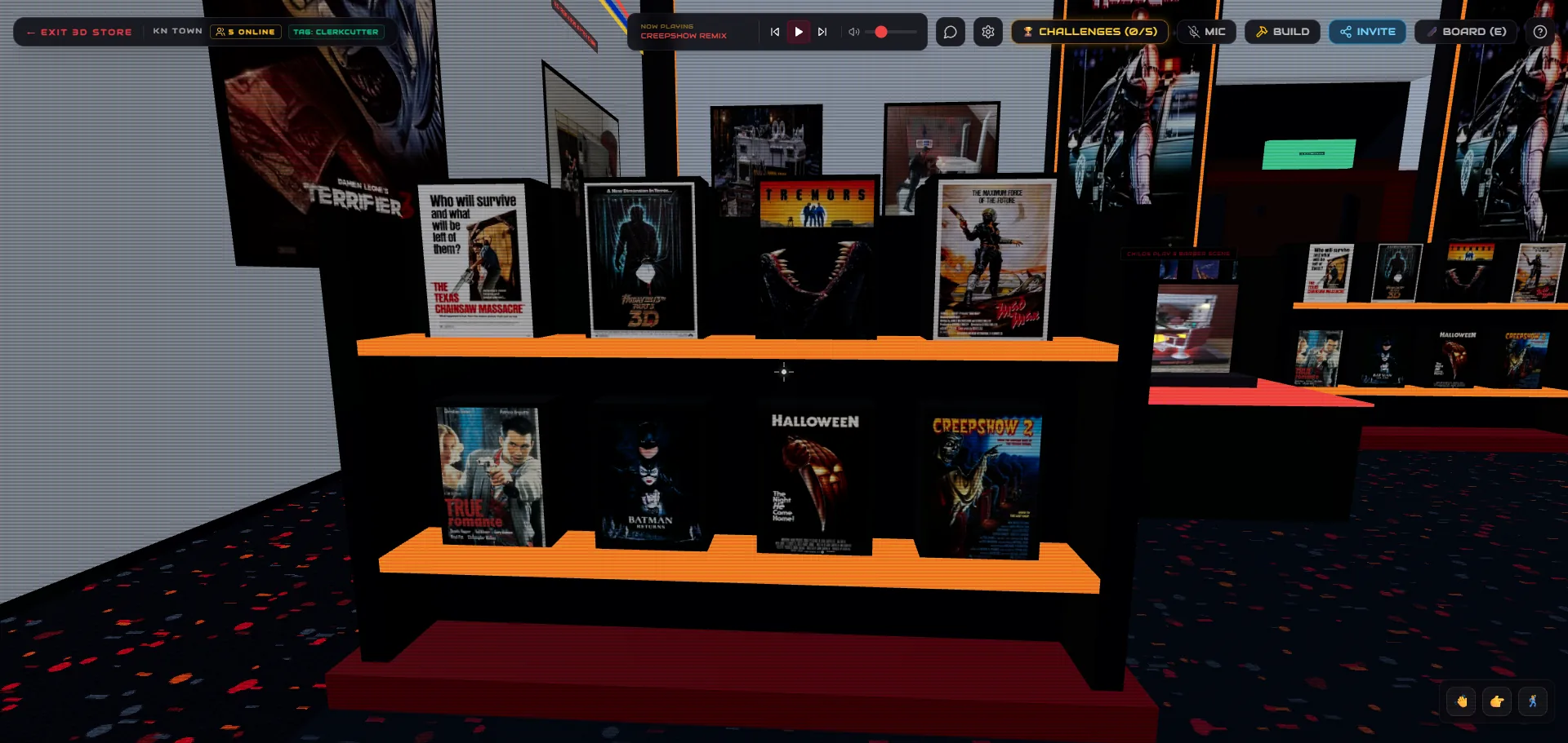 Shelves of VHS cases in the KollectNoir 3D store, each one a clickable product