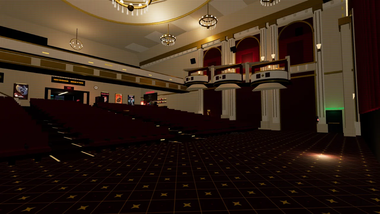 KollectNoir private theater interior shot from the front-right corner near the screen, looking back at the rows of retro cinema seats, overhead light beams, and the full theater from the stage side