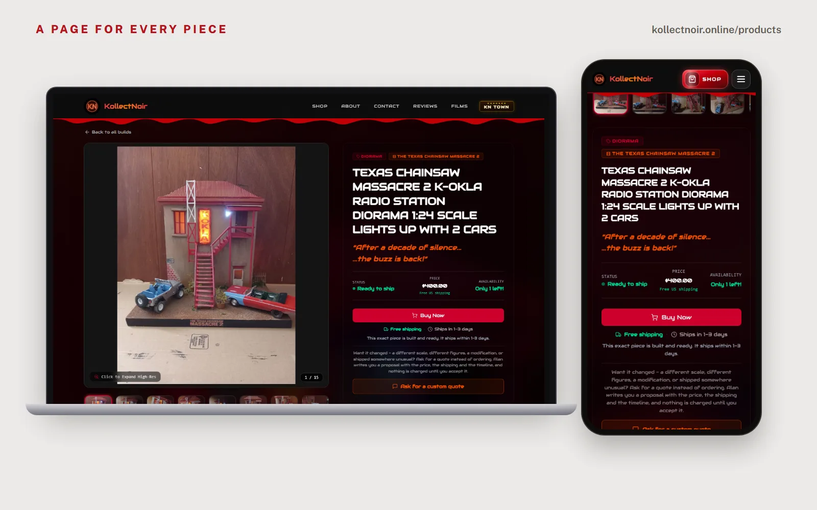 The K-OKLA Radio Station diorama page from Texas Chainsaw Massacre 2 on a laptop and a phone: the lit build photo, a $400 price with free US shipping, ready to ship, and the Buy Now button.