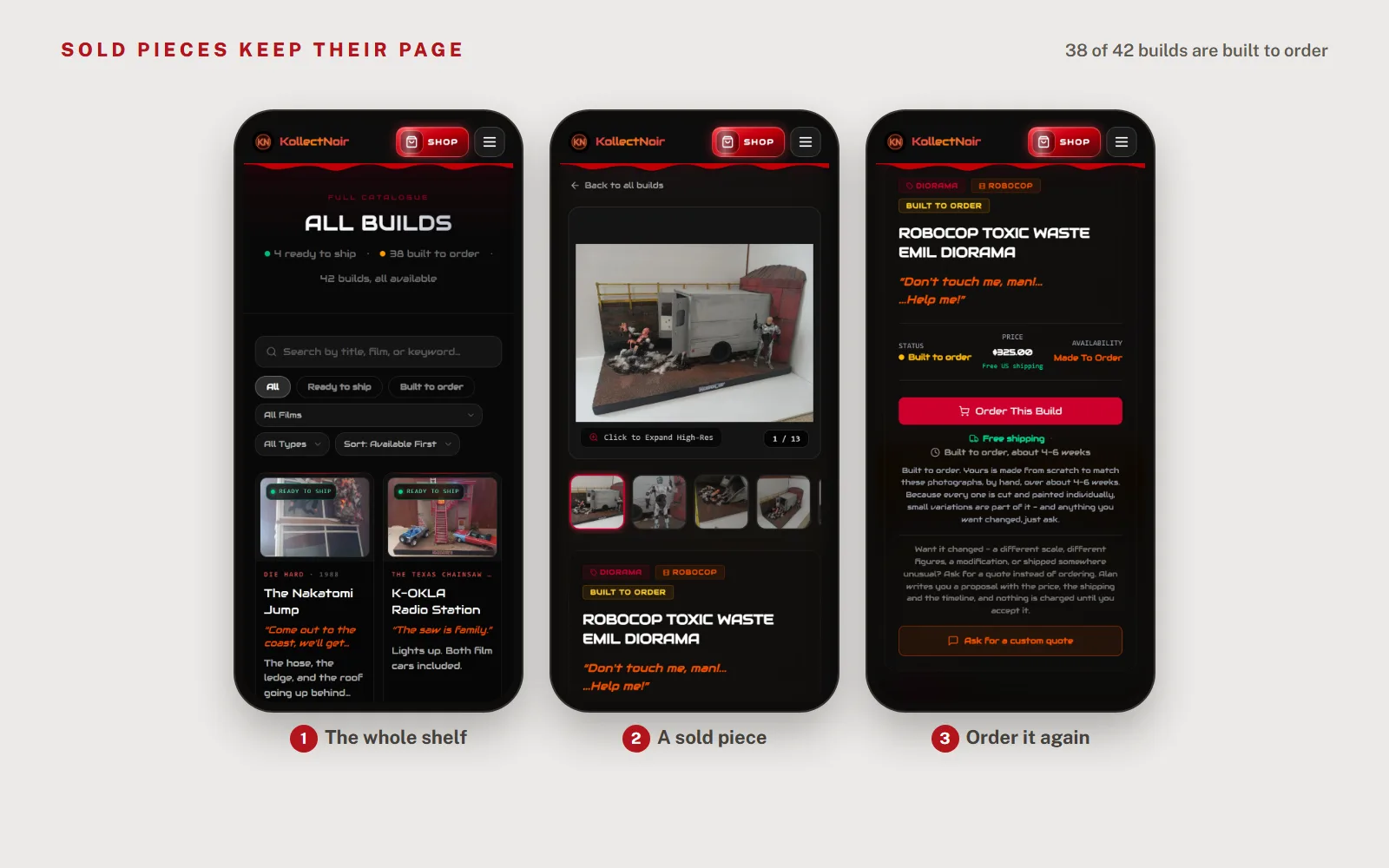 Three phone screens: the All Builds page showing 4 ready to ship and 38 built to order out of 42, the sold RoboCop Toxic Waste Emil diorama page, and its Order This Build button with a 4 to 6 week build time.