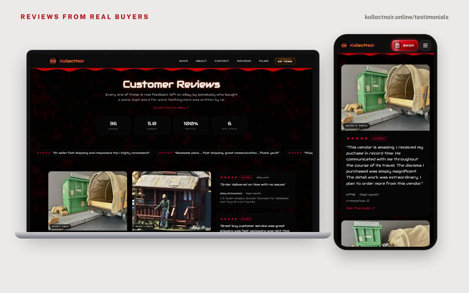The KollectNoir Customer Reviews page on a laptop with 36 reviews, a 5.0 average, 100% positive and 6 with photos, and a phone showing a buyer's photo review for a Creepshow 2 build with a See this build link.