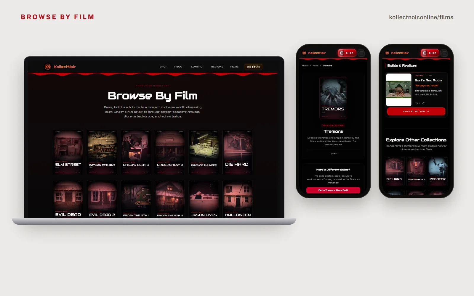 The Browse By Film page on a laptop with film cards for Elm Street, Batman Returns, Child's Play 3, Die Hard, Halloween and more, and two phone screens of the Tremors film page with the Burt's Rec Room build.
