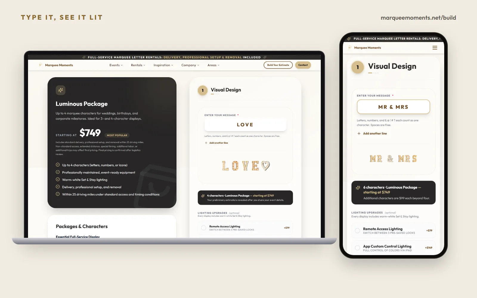 The Event Estimate Builder on a laptop and a phone. On the laptop, LOVE with a heart icon shows as lit marquee letters next to the Luminous Package from $749. On the phone, MR & MRS shows as 6 characters with $99 for each character past four.