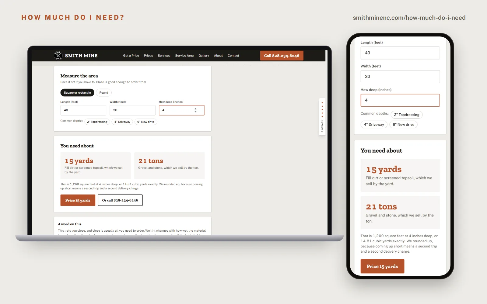 The How much do I need calculator on a laptop and a phone, showing a 40 by 30 foot area at 4 inches deep worked out as 15 yards of dirt or 21 tons of gravel.