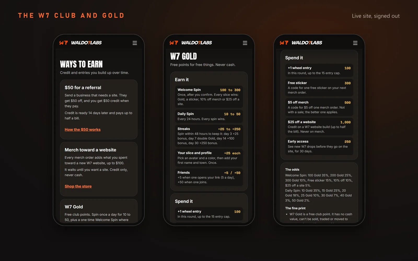 Three phone screens of the live W7 Club page: Ways to earn with the $50 referral and W7 Gold, the Earn it list with the Welcome Spin and Daily Spin, and the Spend it list from a wheel entry to $25 off a website.