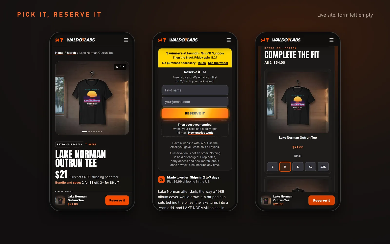 Three phone screens of the live Lake Norman Outrun Tee page: the photo and $21 price, the Reserve it form left empty with the launch day wheel note above it, and Complete the fit with size buttons.