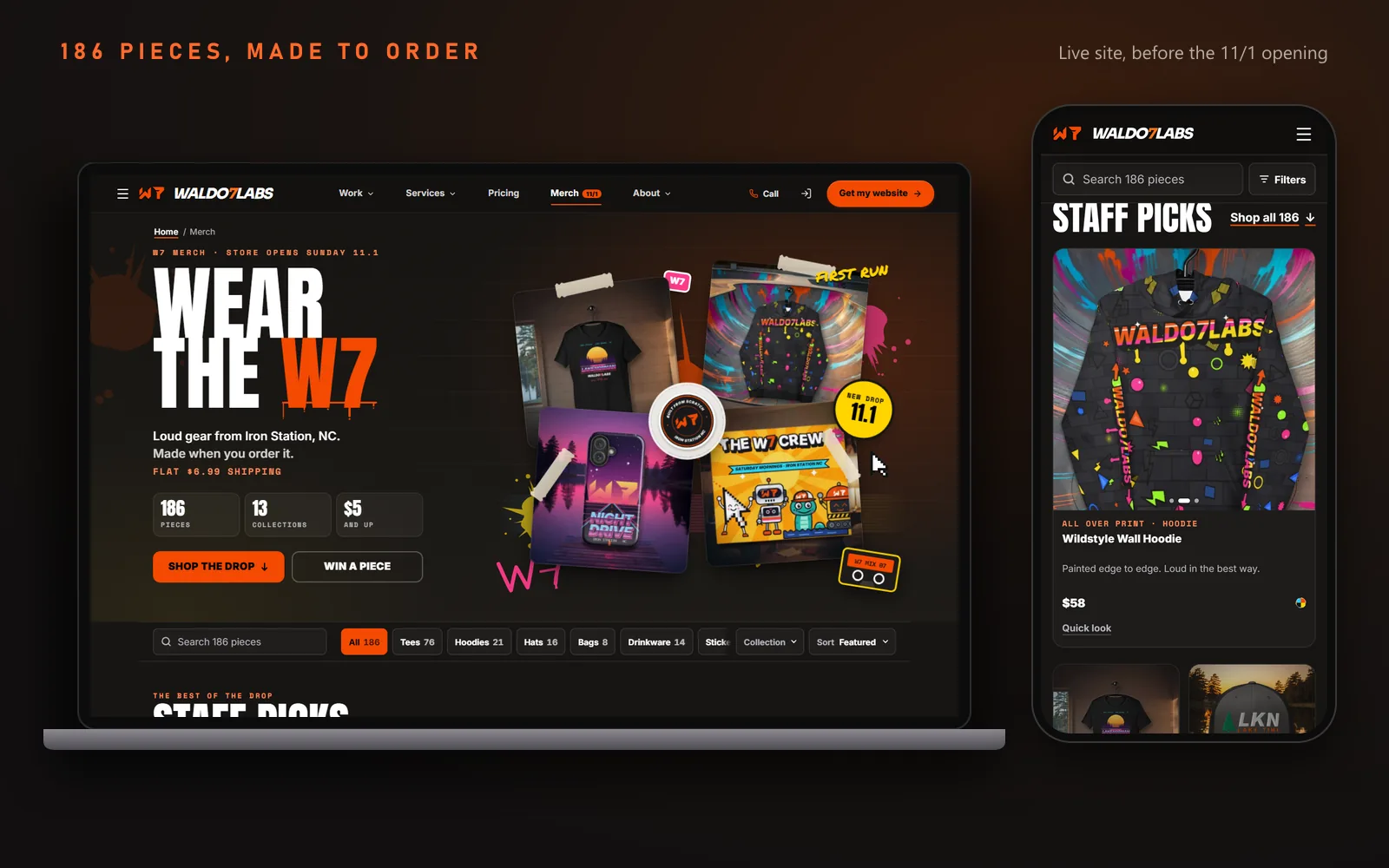The live W7 merch store on a laptop, with the Wear the W7 header, 186 pieces, 13 collections and $5 and up, next to a phone showing the Staff Picks with the Wildstyle Wall Hoodie at $58.