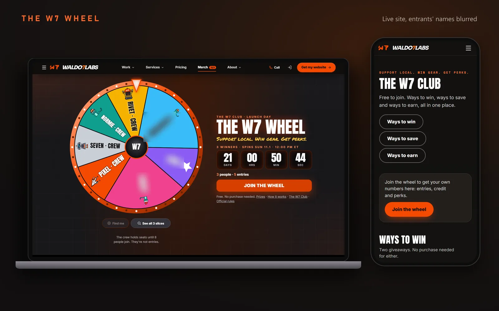 The live W7 Wheel page on a laptop with the countdown to Sunday 11/1 at noon and the Join the wheel button, entrants' names blurred, next to a phone showing the W7 Club page.