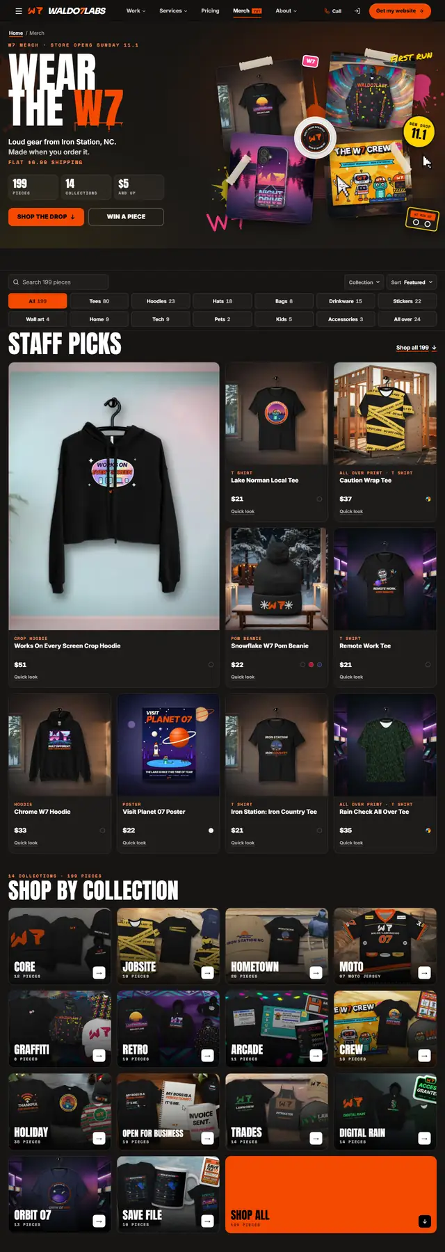 The W7 Merch home page from the top, on a desktop